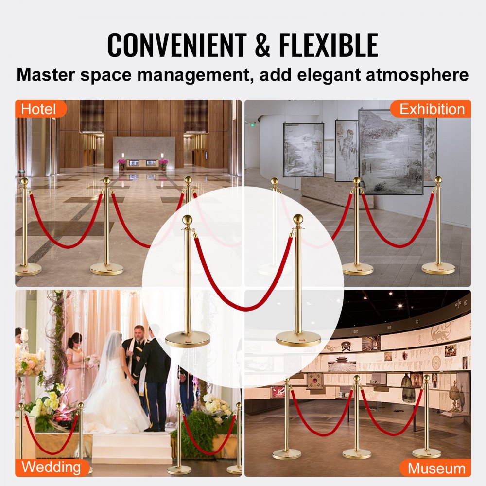 Stanchion Post with Velvet Rope, 4-Pack Crowd Control Stanchion with 3PCS 5FT Red Velvet Ropes, Stainless Steel Queue Barrier Line Divider with Fillable Base & Ball Top for Wedding Museum Party