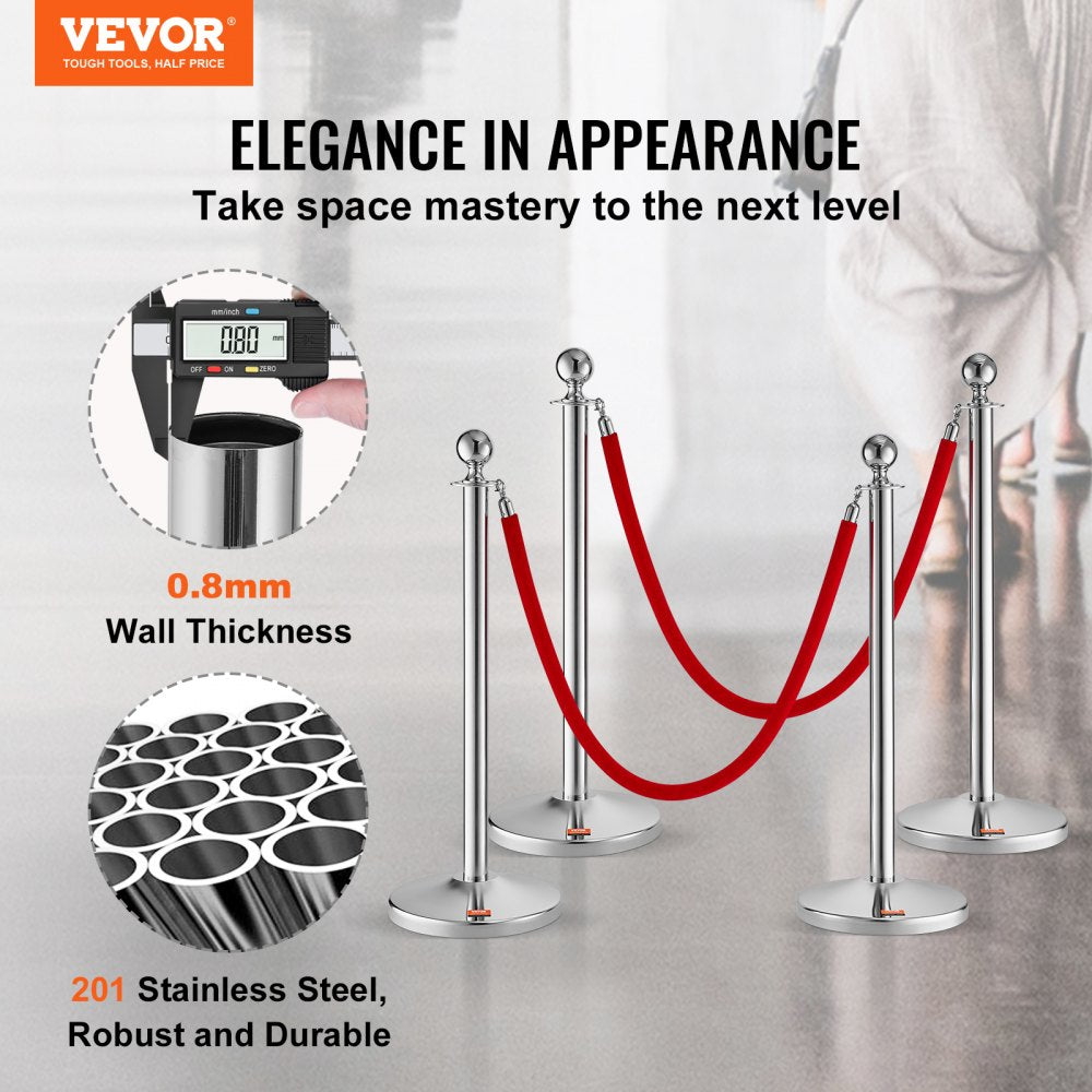 Stanchion Post with Velvet Rope, 4-Pack Crowd Control Stanchion with 2PCS 5FT Red Velvet Ropes, Stainless Steel Queue Barrier Line Divider with Fillable Plastic Base, Ball Top for Wedding Museum