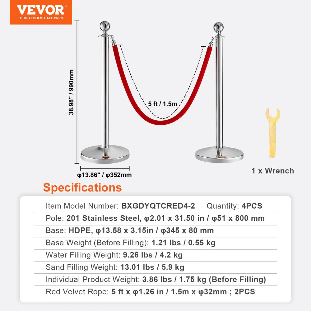 Stanchion Post with Velvet Rope, 4-Pack Crowd Control Stanchion with 2PCS 5FT Red Velvet Ropes, Stainless Steel Queue Barrier Line Divider with Fillable Plastic Base, Ball Top for Wedding Museum