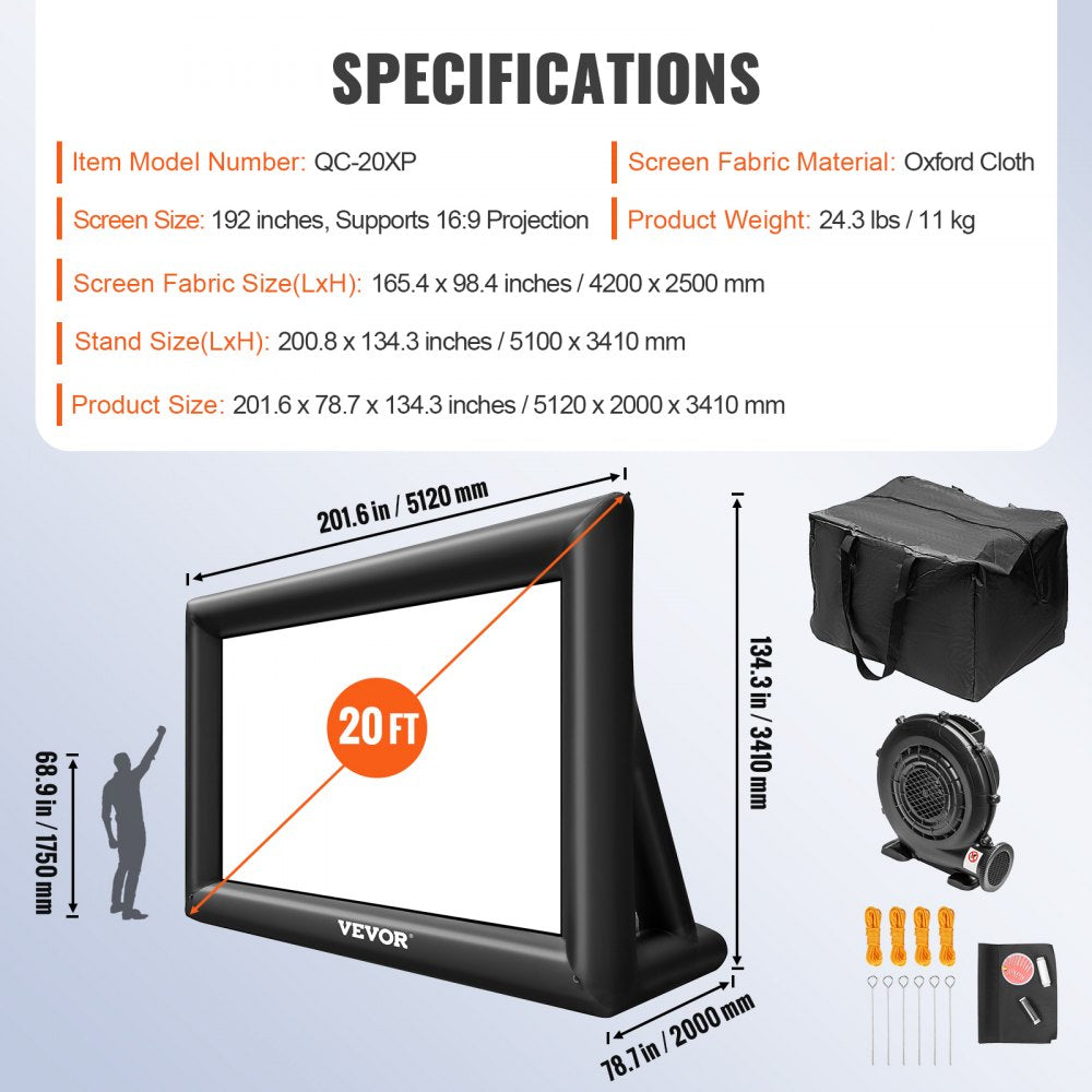 Inflatable Movie Screen 20FT （240inch）Inflatable Projector Screen for outside with 350W Air Blower Inflatable Screen Oxford Fabric Material Blow Up Screen for Outdoor Movie Supports Front/Rear Projection