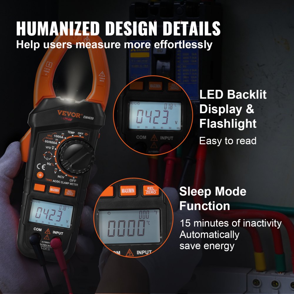 Digital Clamp Meter T-RMS, 6000 Counts, 1000A Clamp Multimeter Tester, Measures Current Voltage Resistance Diodes Continuity Data Retention, NCV for Home Appliance, Railway Industry Maintenance