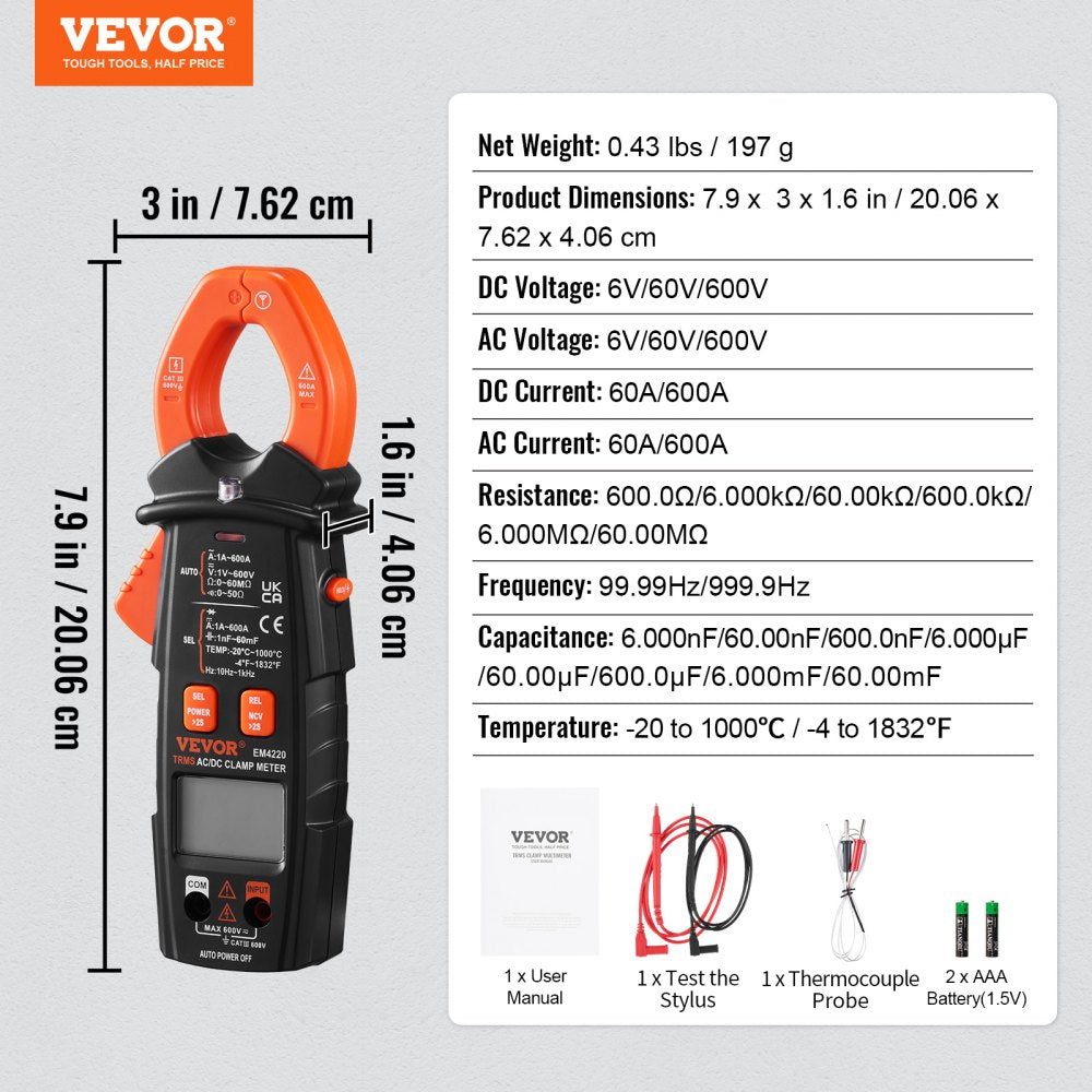 Digital Clamp Meter T-RMS, 6000 Counts, 600A Clamp Multimeter Tester, Measures Current Voltage Resistance Diodes Continuity Data Retention, NCV for Home Appliance, Railway Industry Maintenance