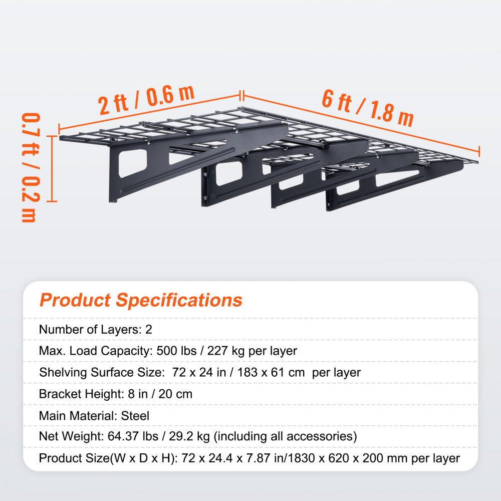 Garage Storage Shelving, 2 Pack, 6 x 2 ft Heavy Duty Garage Shelves Wall Mounted, 1000 lbs Load Capacity(Total) Garage Storage Rack Floating Shelves, Suitable for Shop, Shed, Garage Storage