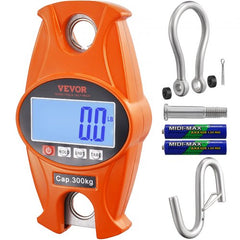 Digital Crane Scale, 660 lbs/300 kg, Industrial Heavy Duty Hanging Scale with Cast Aluminum Case & LCD Screen, Handheld Mini Crane with Hooks for Farm, Hunting, Fishing, Outdoor, Garage (Orange)