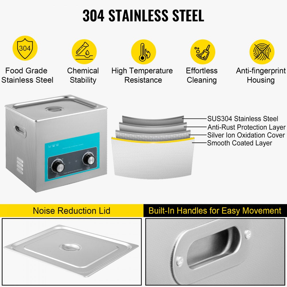 10L Ultrasonic Cleaner, 304 Stainless Steel Professional Knob Control, Ultrasonic Cleaner with Heater Timer for Jewelry Watch Glasses Circuit Board Dentures Small Parts Dental Instrument