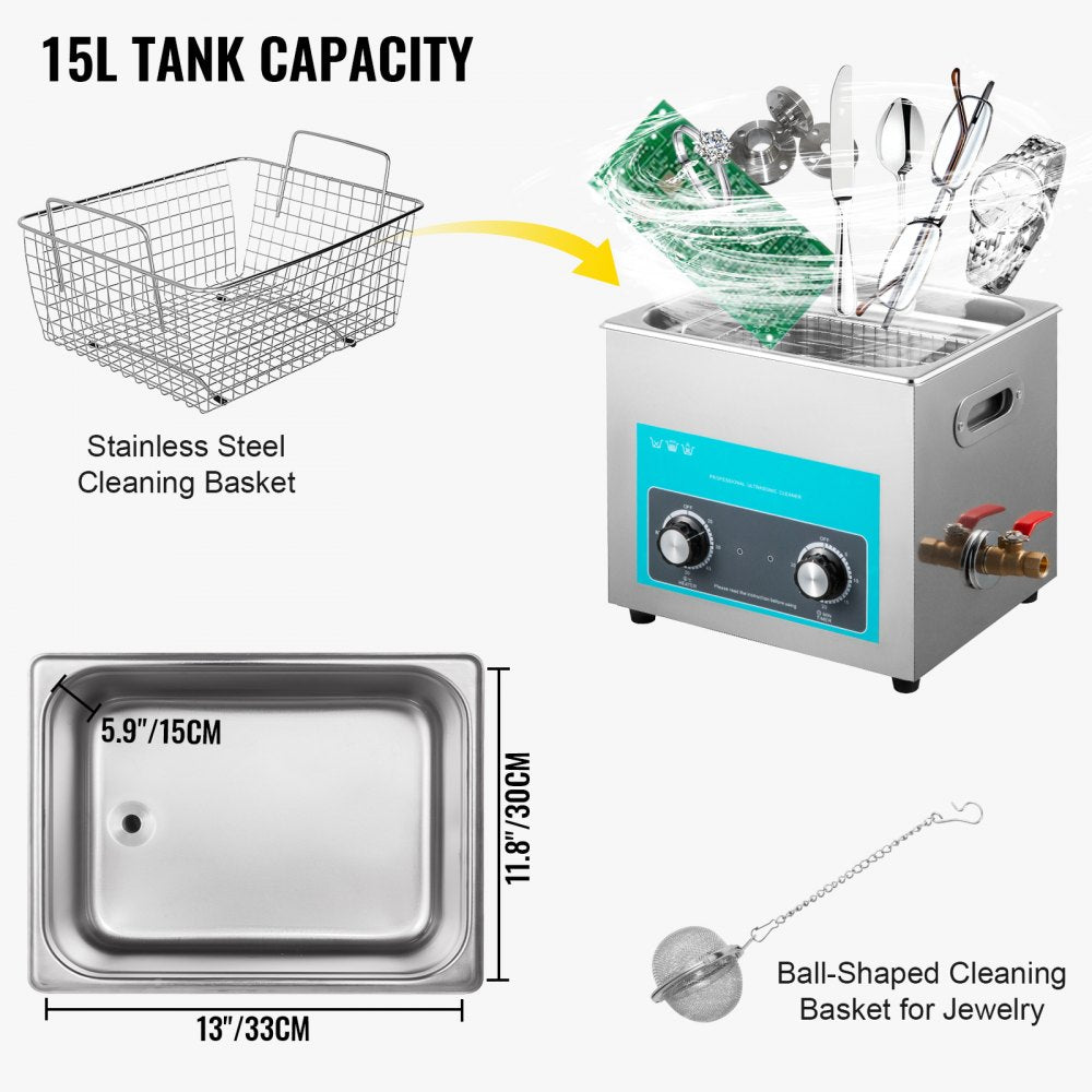 15L Ultrasonic Cleaner, 304 Stainless Steel Professional Knob Control, Ultrasonic Cleaner with Heater Timer for Jewelry Watch Glasses Circuit Board Dentures Small Parts Dental Instrument