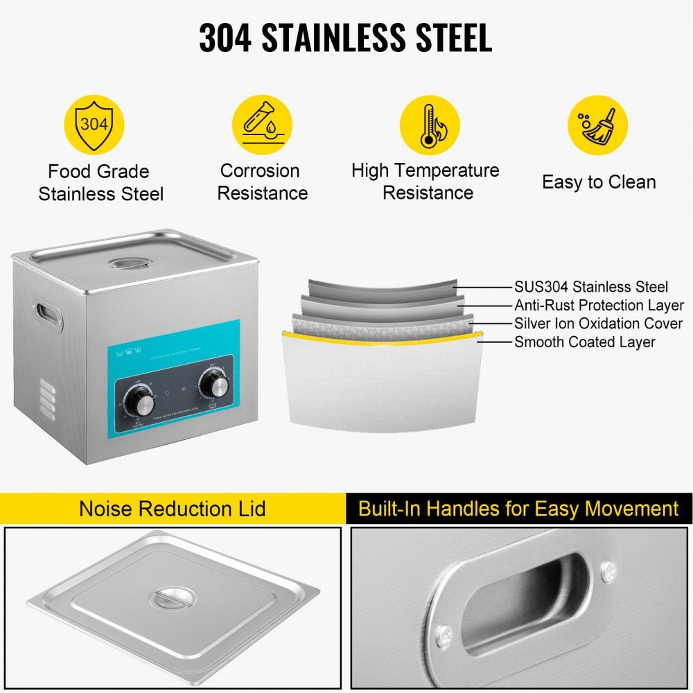 15L Ultrasonic Cleaner, 304 Stainless Steel Professional Knob Control, Ultrasonic Cleaner with Heater Timer for Jewelry Watch Glasses Circuit Board Dentures Small Parts Dental Instrument
