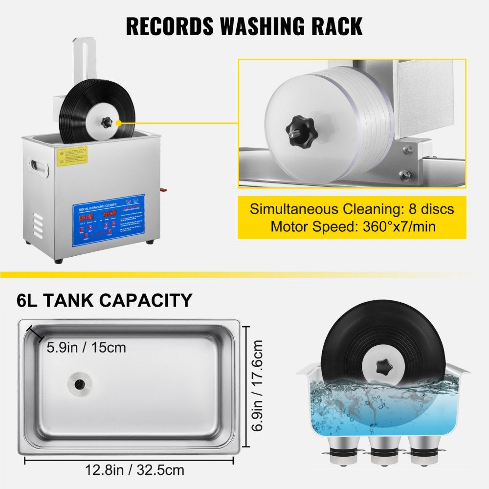 Ultrasonic Cleaner 6L Ultrasonic Vinyl Cleaner 7-12 Inch 8 Records Ultrasonic Vinyl Cleaning Machine 180W Ultrasonic Records Cleaner with Drying Rack for Home Store