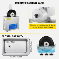 Ultrasonic Cleaner 6L Ultrasonic Vinyl Cleaner 7-12 Inch 8 Records Ultrasonic Vinyl Cleaning Machine 180W Ultrasonic Records Cleaner with Drying Rack for Home Store