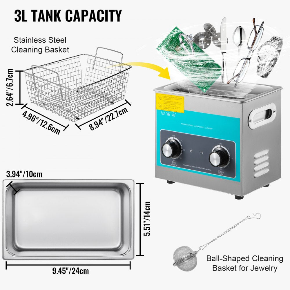 Knob Ultrasonic Cleaner 3L 40kHz Ultrasonic Cleaning Machine Knob Control Sonic Cleaner 304 Stainless Steel Ultrasonic Cleaner Machine with Heater & Timer for Cleaning Jewelry Eyeglasses Watches