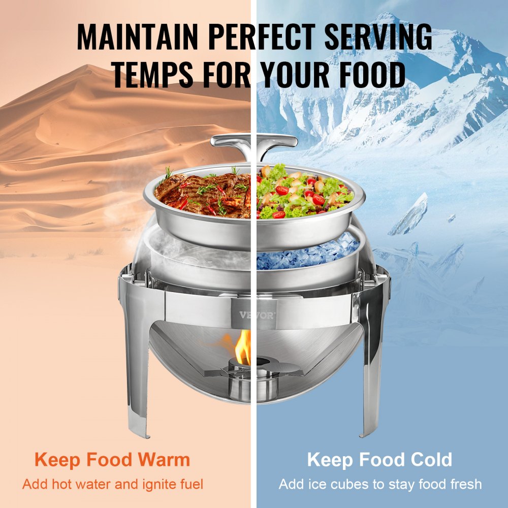 Roll Top Chafing Dish Buffet Set, 6 Qt 2 Pack, Stainless Steel Chafer with 2 Full Size Pans, Round Catering Warmer Server with Lid Water Pan Stand Fuel Holder, for at Least 5 People Each