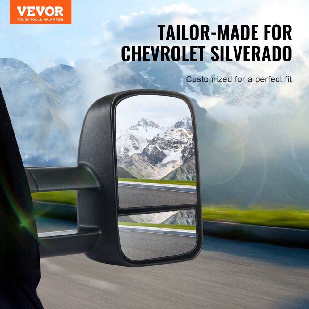 Towing Mirrors, Left & Right Pair Set for Chevrolet Silverado (1988-1998)/GMC, Tow Mirror with Plane and Convex Glass, Manual Controlling Telescoping Folding, and Four-Way Adjustment, Black