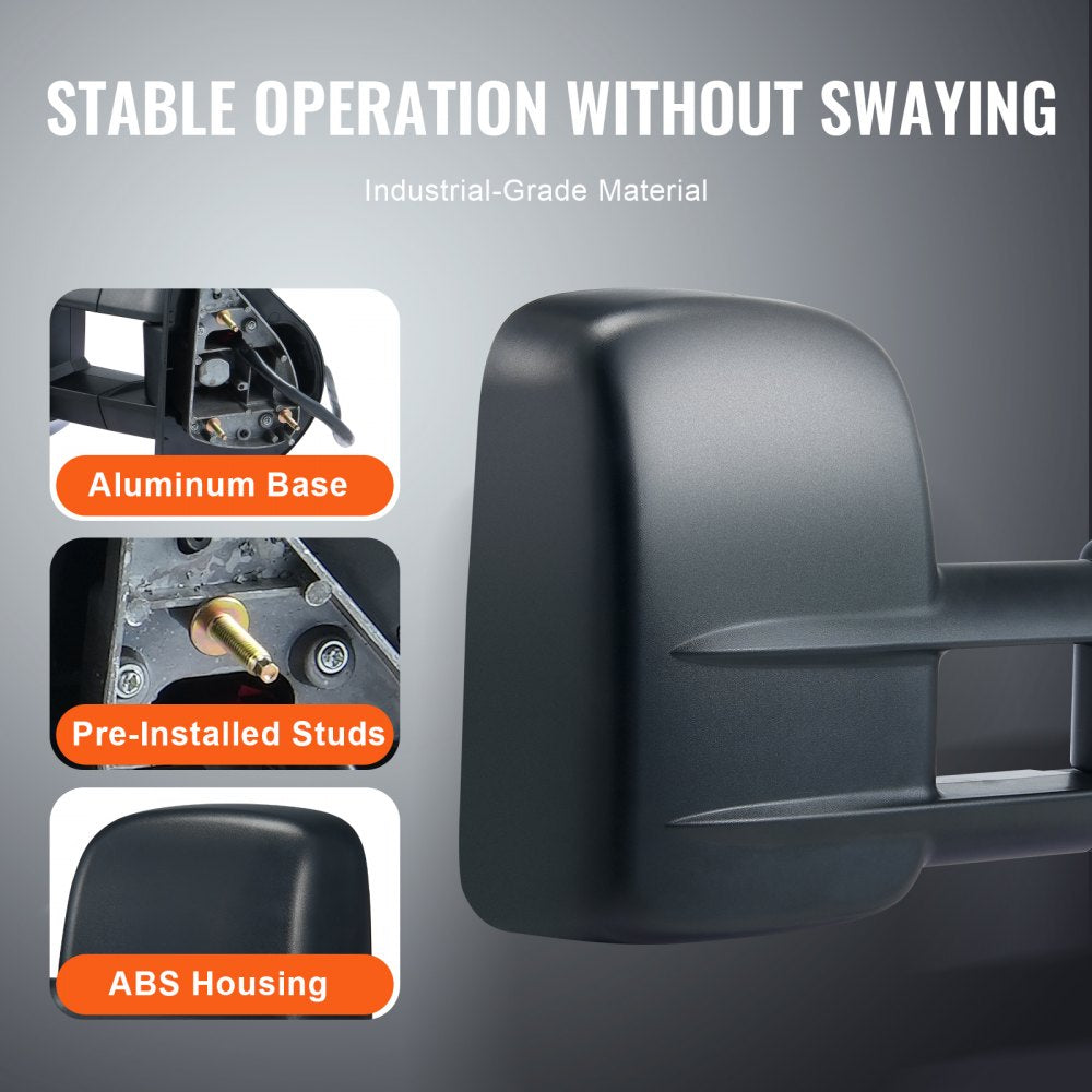 Towing Mirrors, Left & Right Pair Set for Chevrolet Silverado (1988-1998)/GMC, Tow Mirror with Plane and Convex Glass, Manual Controlling Telescoping Folding, and Four-Way Adjustment, Black