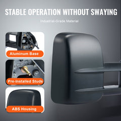 Towing Mirrors, Left & Right Pair Set for Chevrolet Silverado (1988-1998)/GMC, Tow Mirror with Plane and Convex Glass, Manual Controlling Telescoping Folding, and Four-Way Adjustment, Black
