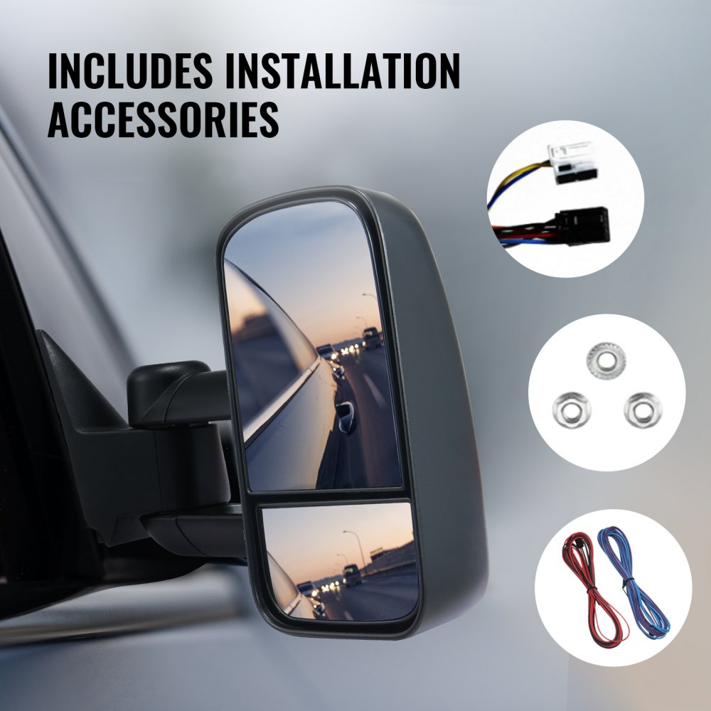 Towing Mirrors, Left & Right Pair Set for Chevrolet Silverado (1988-1998)/GMC, Tow Mirror with Plane and Convex Glass, Manual Controlling Telescoping Folding, and Four-Way Adjustment, Black