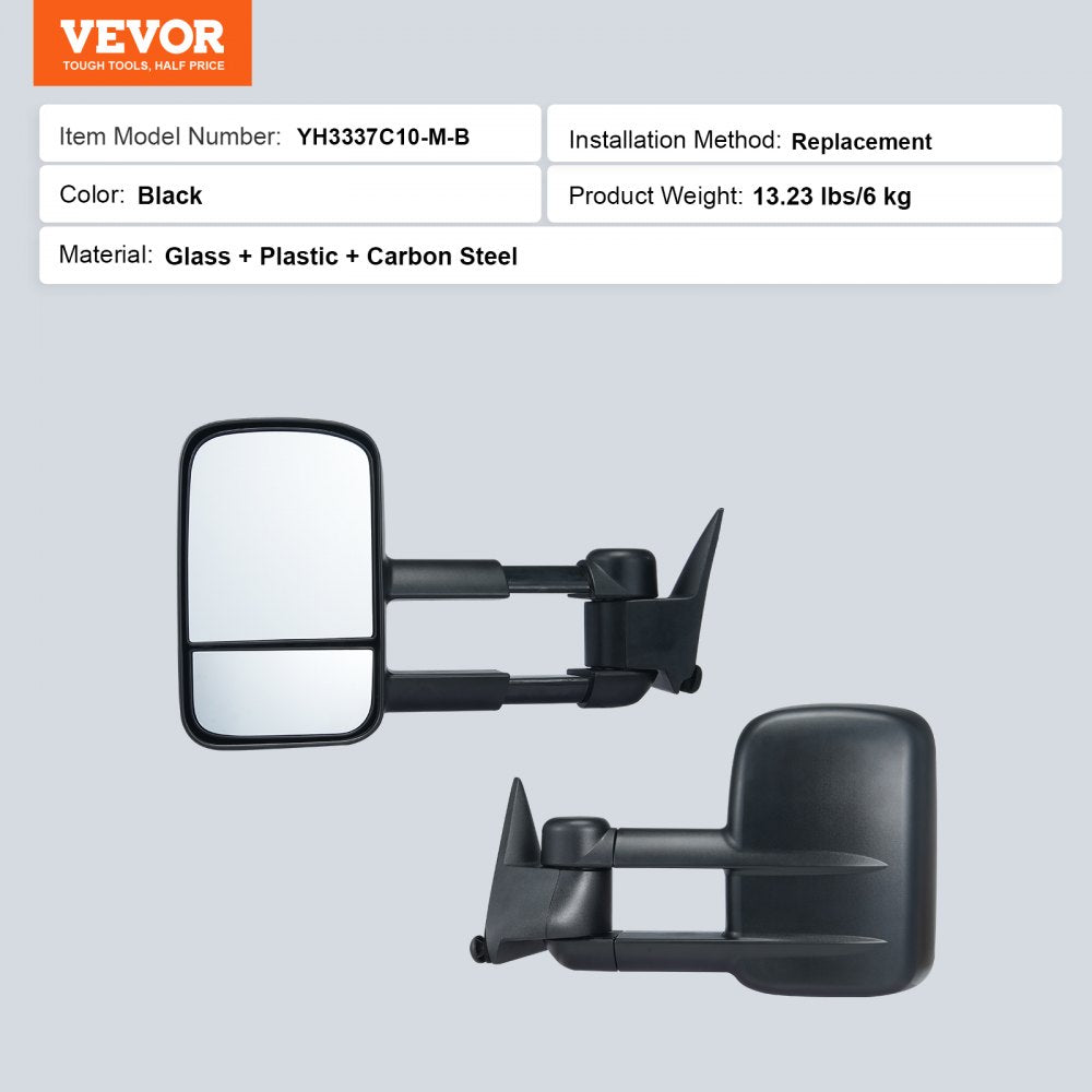 Towing Mirrors, Left & Right Pair Set for Chevrolet Silverado (1988-1998)/GMC, Tow Mirror with Plane and Convex Glass, Manual Controlling Telescoping Folding, and Four-Way Adjustment, Black
