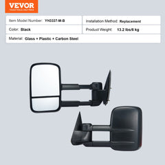 Towing Mirrors, Left & Right Pair Set for Chevrolet Silverado (1999-2007)/GMC/Cadillac, Tow Mirror with Plane & Convex Glass, Manual Controlling Telescoping Folding, Four-Way Adjustable, Black