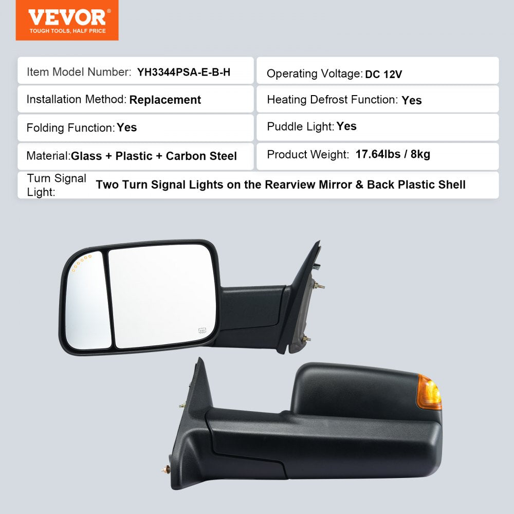 Towing Mirrors Fit for 2009-2018 Dodge Ram 1500, 2010-2018 Ram 2500 3500, Ram Classic 2019-2023 Power Heated with Signal Light & Puddle Light, Manual Controlling Flipping Folding, Black
