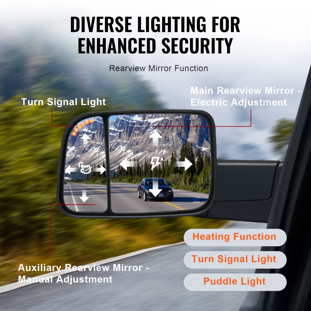 Towing Mirrors, Left & Right Pair Set for 2002-2008 Dodge Ram 1500 2500 3500 (Partial 2009 Models), Power Heated with Signal Light & Puddle Light, Manual Controlling Flipping Folding, Black