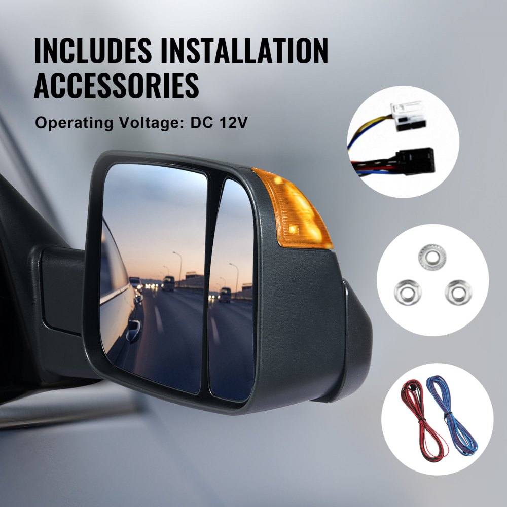 Towing Mirrors, Left & Right Pair Set for 2002-2008 Dodge Ram 1500 2500 3500 (Partial 2009 Models), Power Heated with Signal Light & Puddle Light, Manual Controlling Flipping Folding, Black