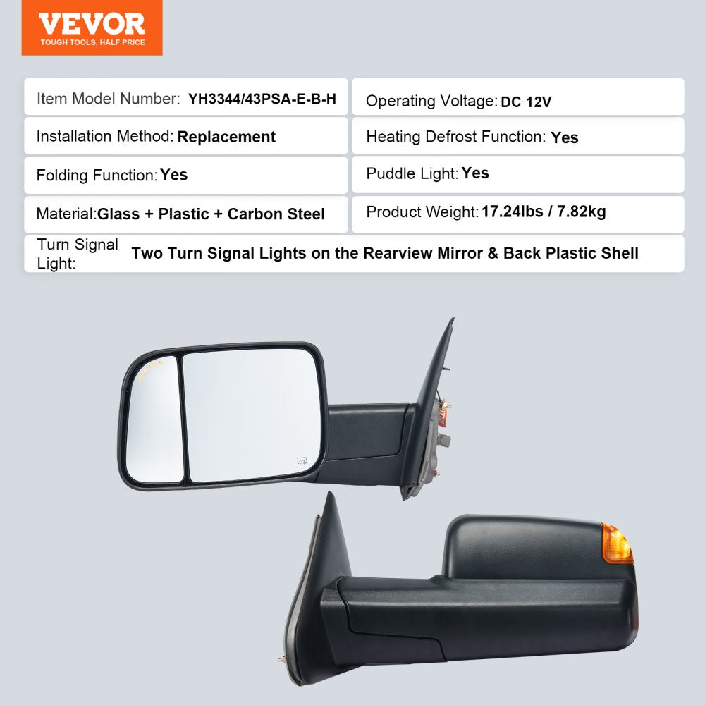 Towing Mirrors, Left & Right Pair Set for 2002-2008 Dodge Ram 1500 2500 3500 (Partial 2009 Models), Power Heated with Signal Light & Puddle Light, Manual Controlling Flipping Folding, Black