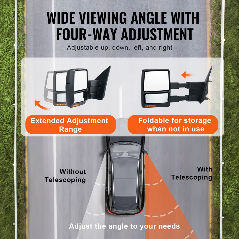 Towing Mirrors, Left & Right Pair Set for 2004-2014 Ford F150, Power Heated with Signal Light & Puddle Light, Plane & Convex Glass, Manual Controlling Telescoping Folding, Heating Defrost, Black