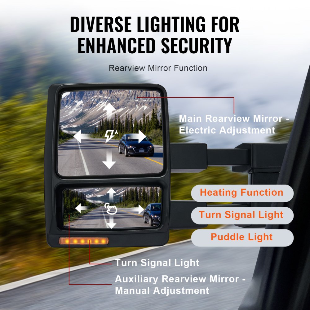 Towing Mirrors, Left & Right Pair Set for 2004-2014 Ford F150, Power Heated with Signal Light & Puddle Light, Plane & Convex Glass, Manual Controlling Telescoping Folding, Heating Defrost, Black