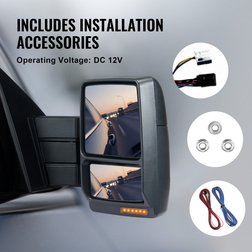 Towing Mirrors, Left & Right Pair Set for 2004-2014 Ford F150, Power Heated with Signal Light & Puddle Light, Plane & Convex Glass, Manual Controlling Telescoping Folding, Heating Defrost, Black