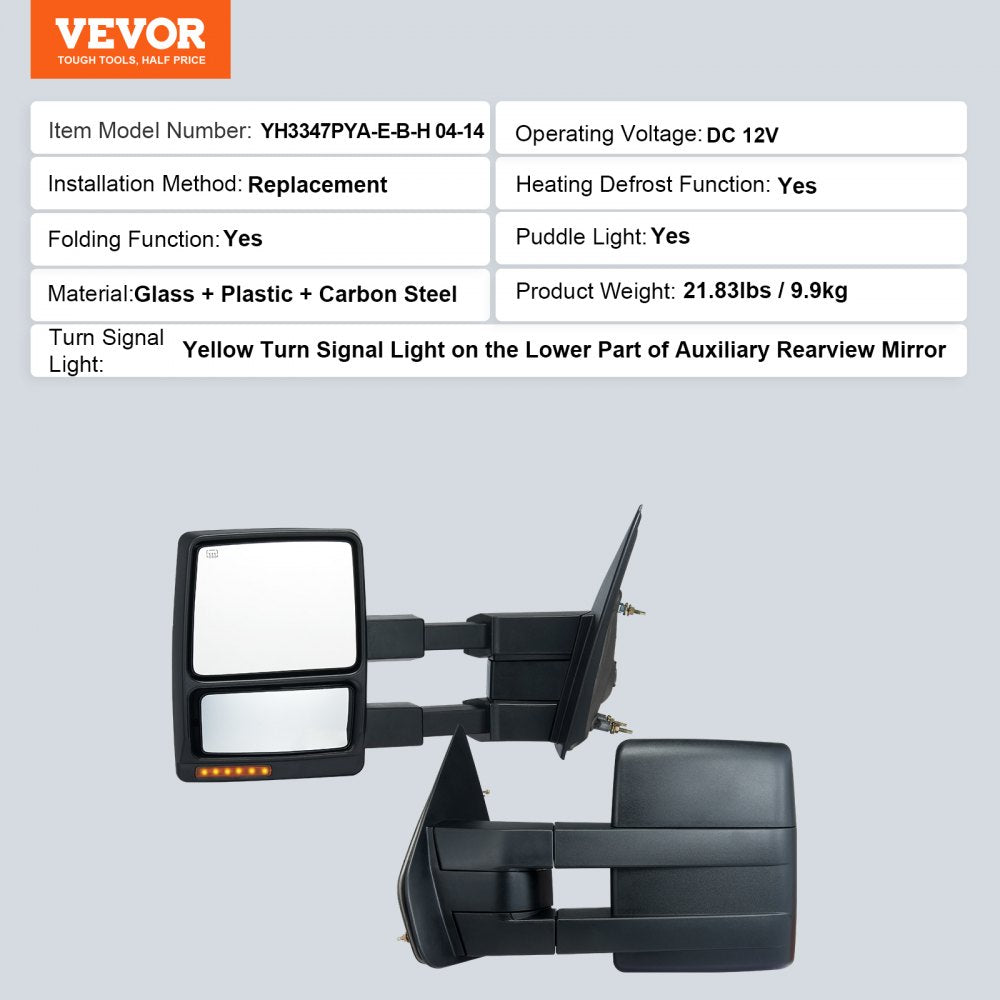 Towing Mirrors, Left & Right Pair Set for 2004-2014 Ford F150, Power Heated with Signal Light & Puddle Light, Plane & Convex Glass, Manual Controlling Telescoping Folding, Heating Defrost, Black