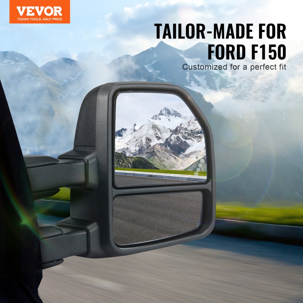 Towing Mirrors Fit for 2015-2018 Ford F150, Power Heated with Signal Light LED Arrow Signal Light & Puddle Light, Plane & Convex Glass, Manual Controlling Telescoping Folding, Black