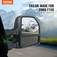 Towing Mirrors Fit for 2015-2018 Ford F150, Power Heated with Signal Light LED Arrow Signal Light & Puddle Light, Plane & Convex Glass, Manual Controlling Telescoping Folding, Black