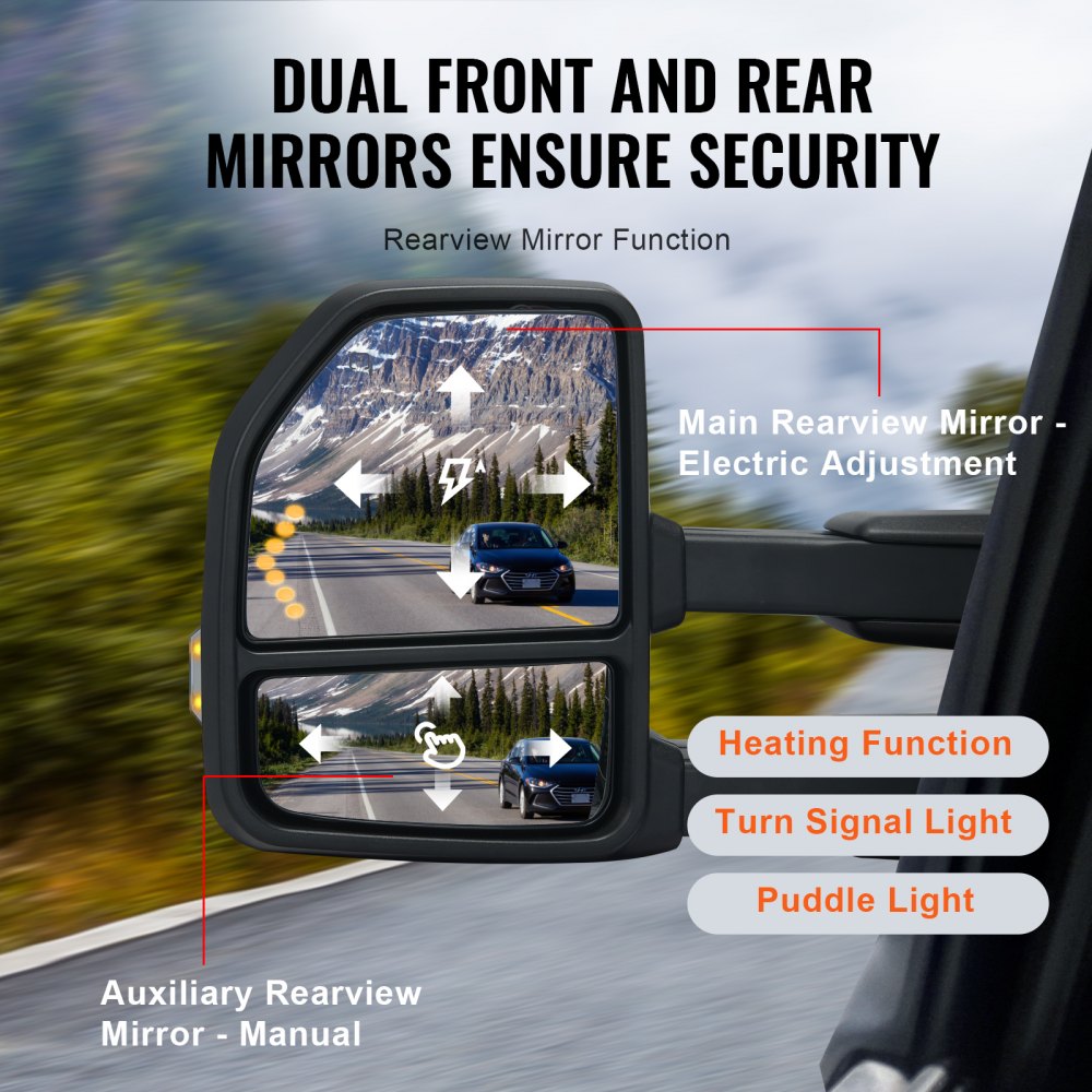 Towing Mirrors Fit for 2015-2018 Ford F150, Power Heated with Signal Light LED Arrow Signal Light & Puddle Light, Plane & Convex Glass, Manual Controlling Telescoping Folding, Black