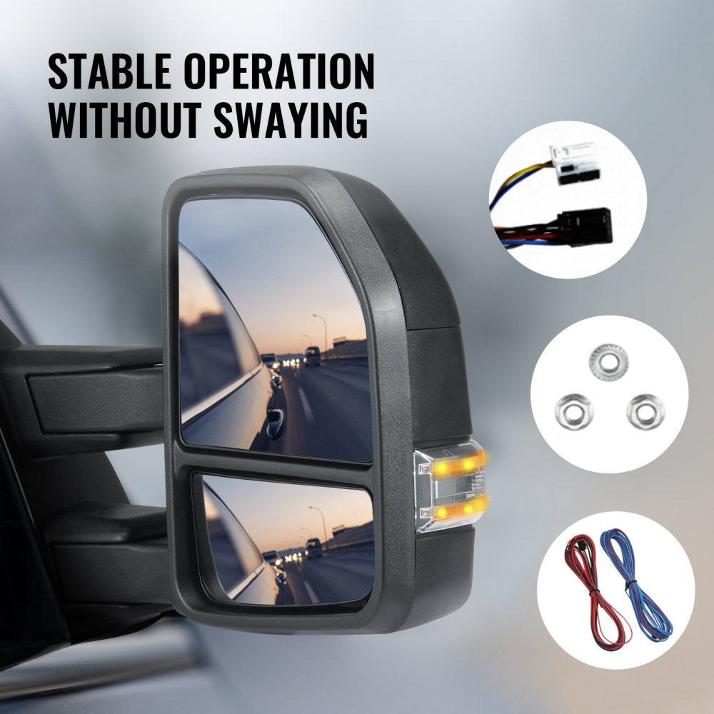 Towing Mirrors Fit for 2015-2018 Ford F150, Power Heated with Signal Light LED Arrow Signal Light & Puddle Light, Plane & Convex Glass, Manual Controlling Telescoping Folding, Black