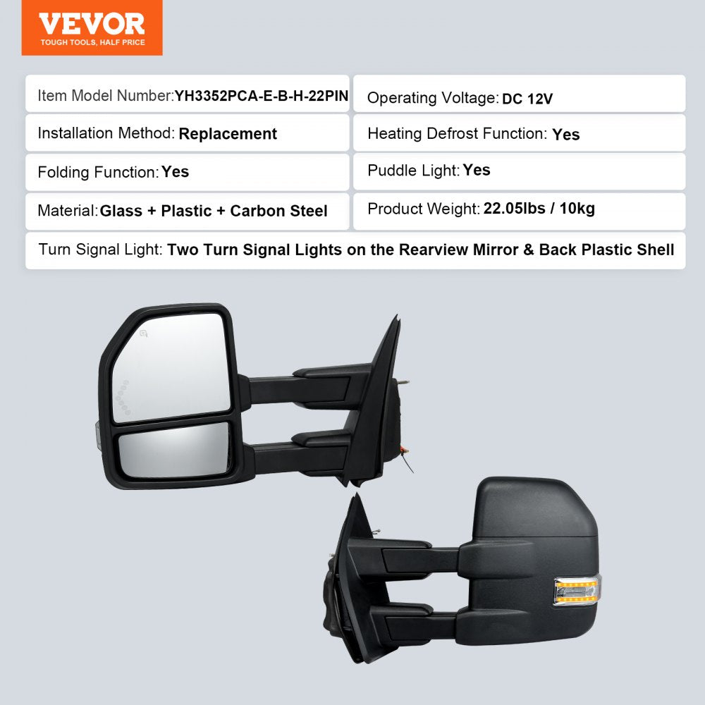 Towing Mirrors Fit for 2015-2018 Ford F150, Power Heated with Signal Light LED Arrow Signal Light & Puddle Light, Plane & Convex Glass, Manual Controlling Telescoping Folding, Black