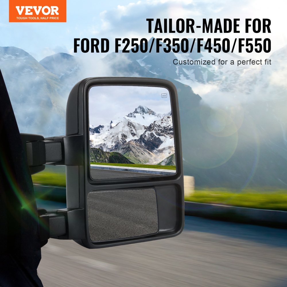 Towing Mirrors, Left & Right Pair Set for 1999-2007 Ford F250 F350 F450 F550, Power Heated with Signal Light, Plane & Convex Glass, Manual Controlling Telescoping Folding, Heating Defrost, Black