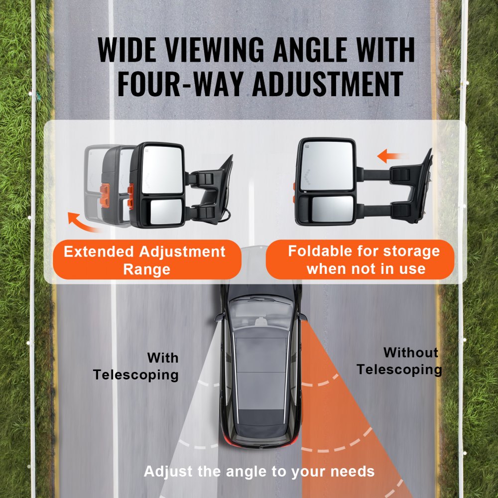 Towing Mirrors, Left & Right Pair Set for 1999-2007 Ford F250 F350 F450 F550, Power Heated with Signal Light, Plane & Convex Glass, Manual Controlling Telescoping Folding, Heating Defrost, Black