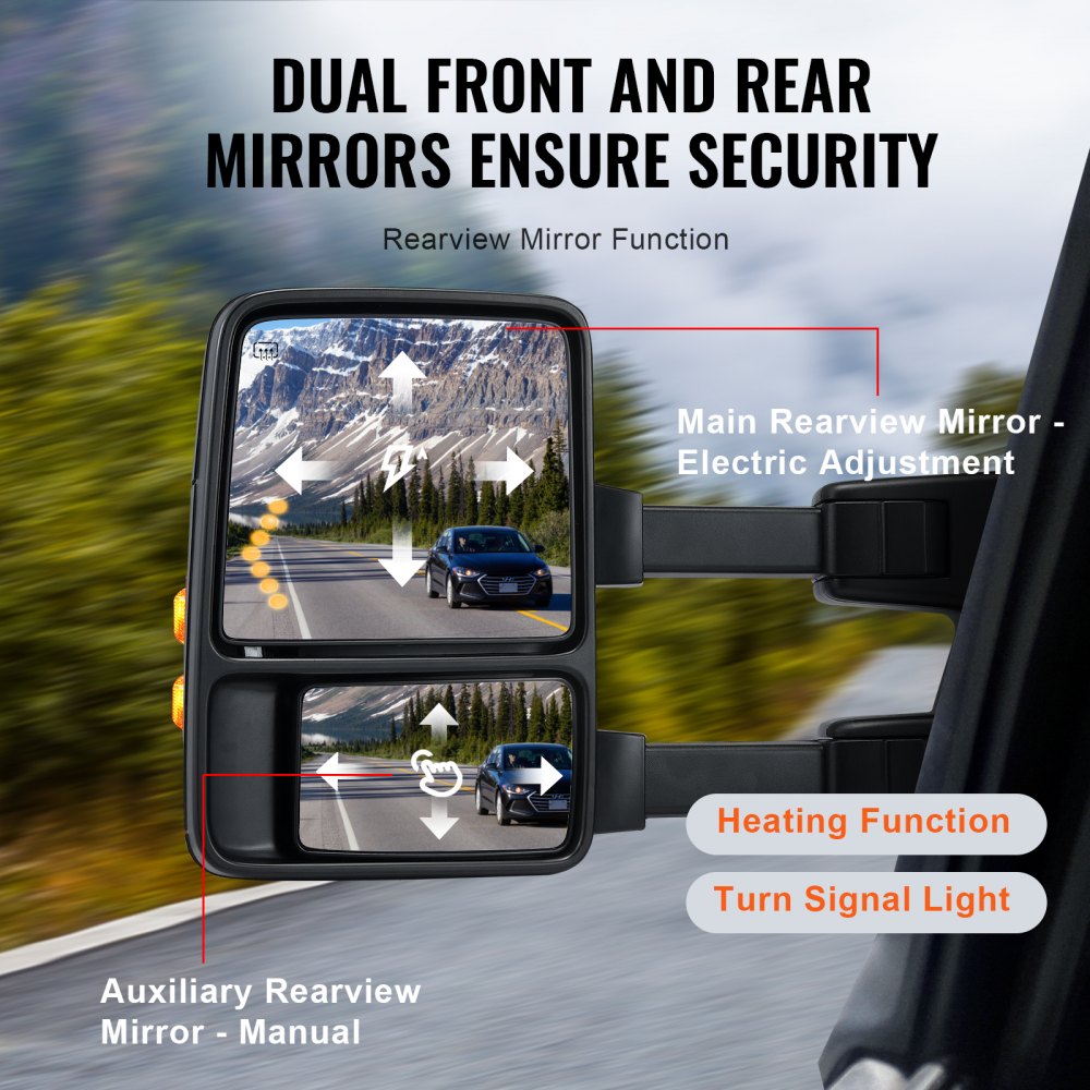 Towing Mirrors, Left & Right Pair Set for 1999-2007 Ford F250 F350 F450 F550, Power Heated with Signal Light, Plane & Convex Glass, Manual Controlling Telescoping Folding, Heating Defrost, Black