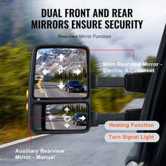 Towing Mirrors, Left & Right Pair Set for 1999-2007 Ford F250 F350 F450 F550, Power Heated with Signal Light, Plane & Convex Glass, Manual Controlling Telescoping Folding, Heating Defrost, Black