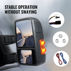 Towing Mirrors, Left & Right Pair Set for 1999-2007 Ford F250 F350 F450 F550, Power Heated with Signal Light, Plane & Convex Glass, Manual Controlling Telescoping Folding, Heating Defrost, Black