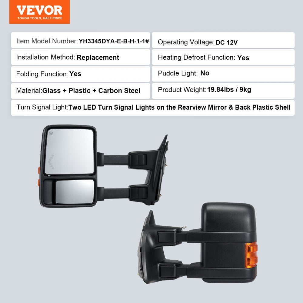 Towing Mirrors, Left & Right Pair Set for 1999-2007 Ford F250 F350 F450 F550, Power Heated with Signal Light, Plane & Convex Glass, Manual Controlling Telescoping Folding, Heating Defrost, Black
