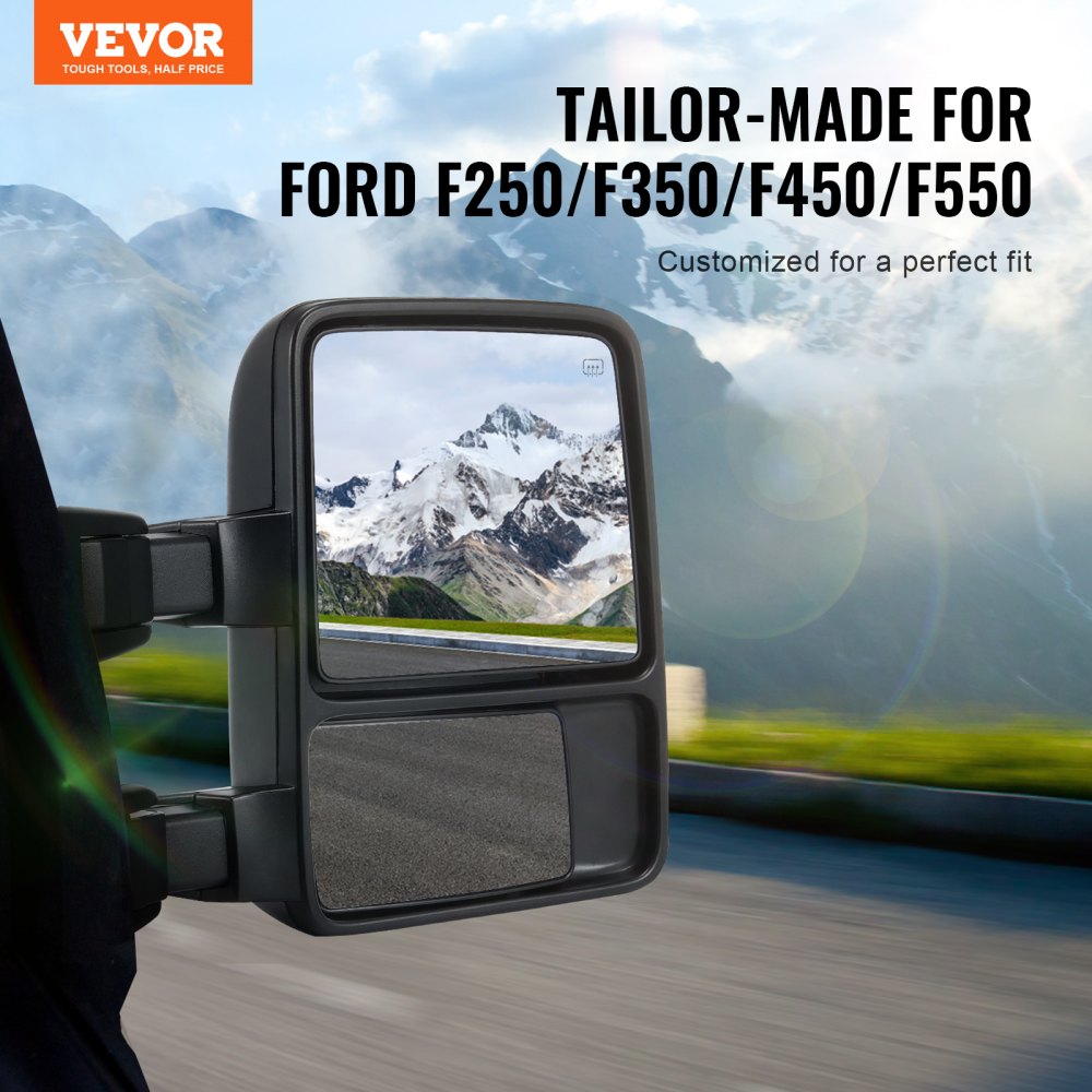 Towing Mirrors, Left & Right Pair Set for 2008-2016 Ford F250 F350 F450 F550, Power Heated with Signal Light, Plane & Convex Glass, Manual Controlling Telescoping Folding, Heating Defrost, Black