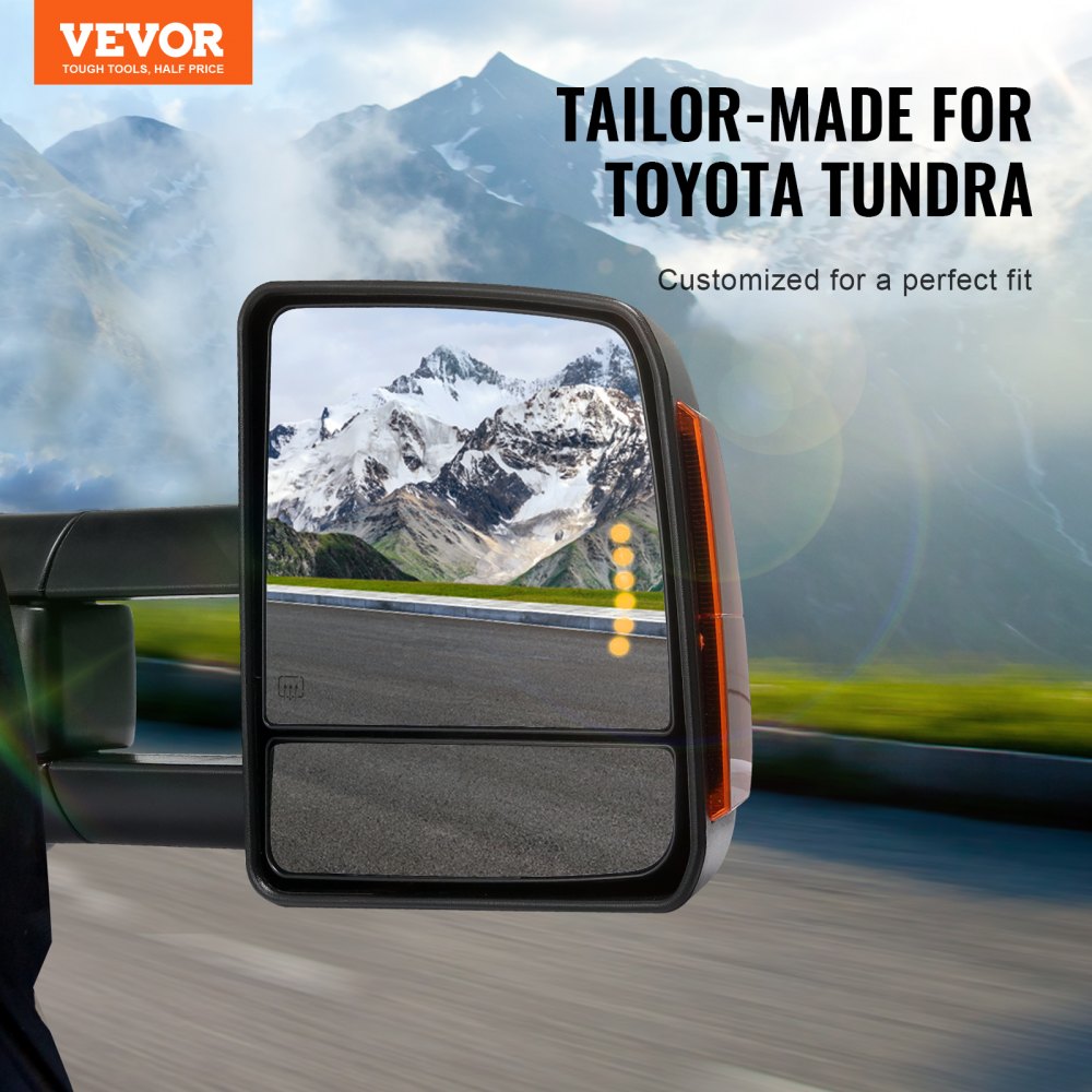 Towing Mirrors Fit for 2007-2017 Toyota Tundra, Power Heated Tow Mirror with Signal Light/LED Arrow Signal Light, Plane & Convex Glass, Manual Controlling Telescoping Folding, Black