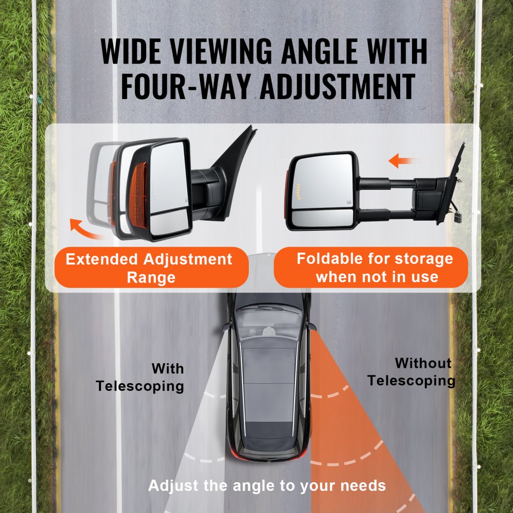 Towing Mirrors Fit for 2007-2017 Toyota Tundra, Power Heated Tow Mirror with Signal Light/LED Arrow Signal Light, Plane & Convex Glass, Manual Controlling Telescoping Folding, Black