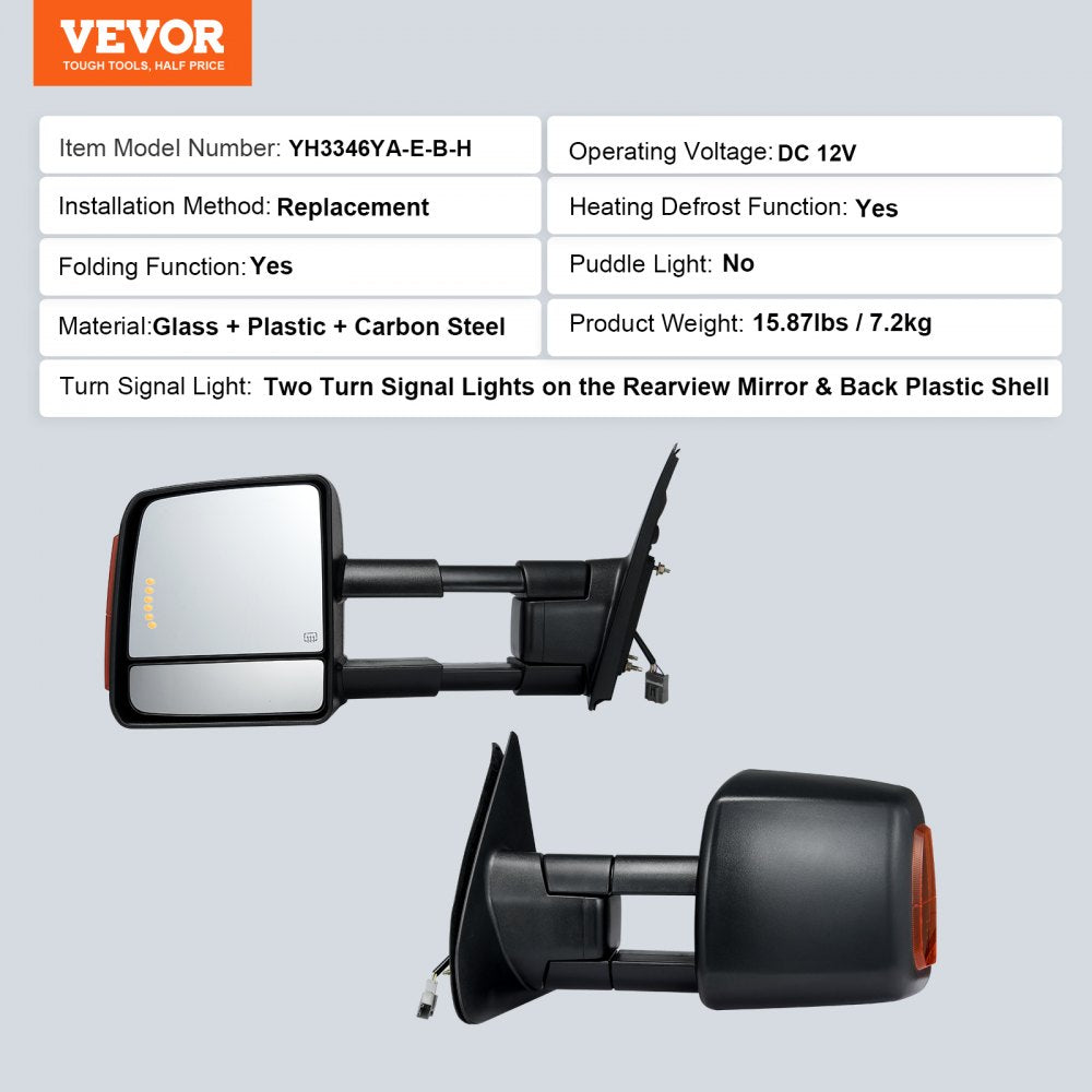 Towing Mirrors Fit for 2007-2017 Toyota Tundra, Power Heated Tow Mirror with Signal Light/LED Arrow Signal Light, Plane & Convex Glass, Manual Controlling Telescoping Folding, Black
