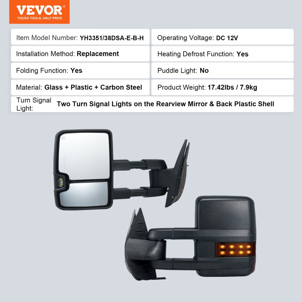Towing Mirrors Fit for Chevy for GMC 2007-2014 for Silverado/for Sierra Power Control Heated with Signal Light & LED Driving Light, Manual Telescoping Folding, Black