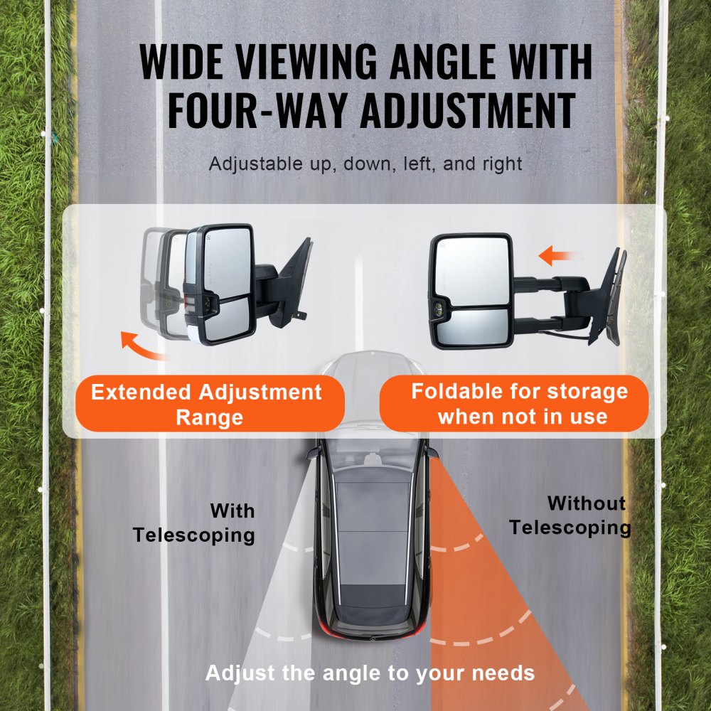 Towing Mirrors Fit for 2008-2014 Chevy Silverado GMC Sierra Power Heated LED Arrow Signal Light Side View Mirror Pair Manual Controlling Telescoping Folding, Silver