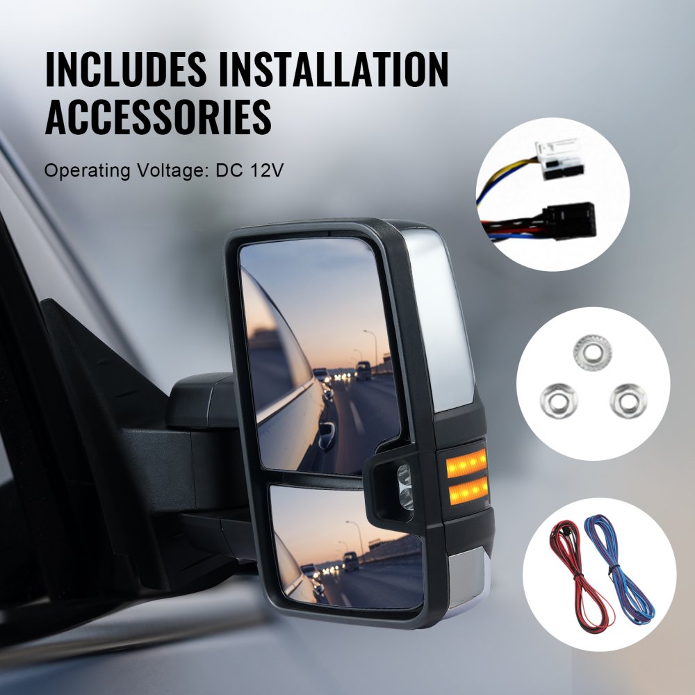 Towing Mirrors Fit for 2008-2014 Chevy Silverado GMC Sierra Power Heated LED Arrow Signal Light Side View Mirror Pair Manual Controlling Telescoping Folding, Silver
