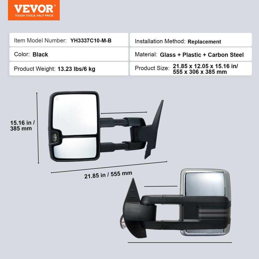 Towing Mirrors Fit for 2008-2014 Chevy Silverado GMC Sierra Power Heated LED Arrow Signal Light Side View Mirror Pair Manual Controlling Telescoping Folding, Silver