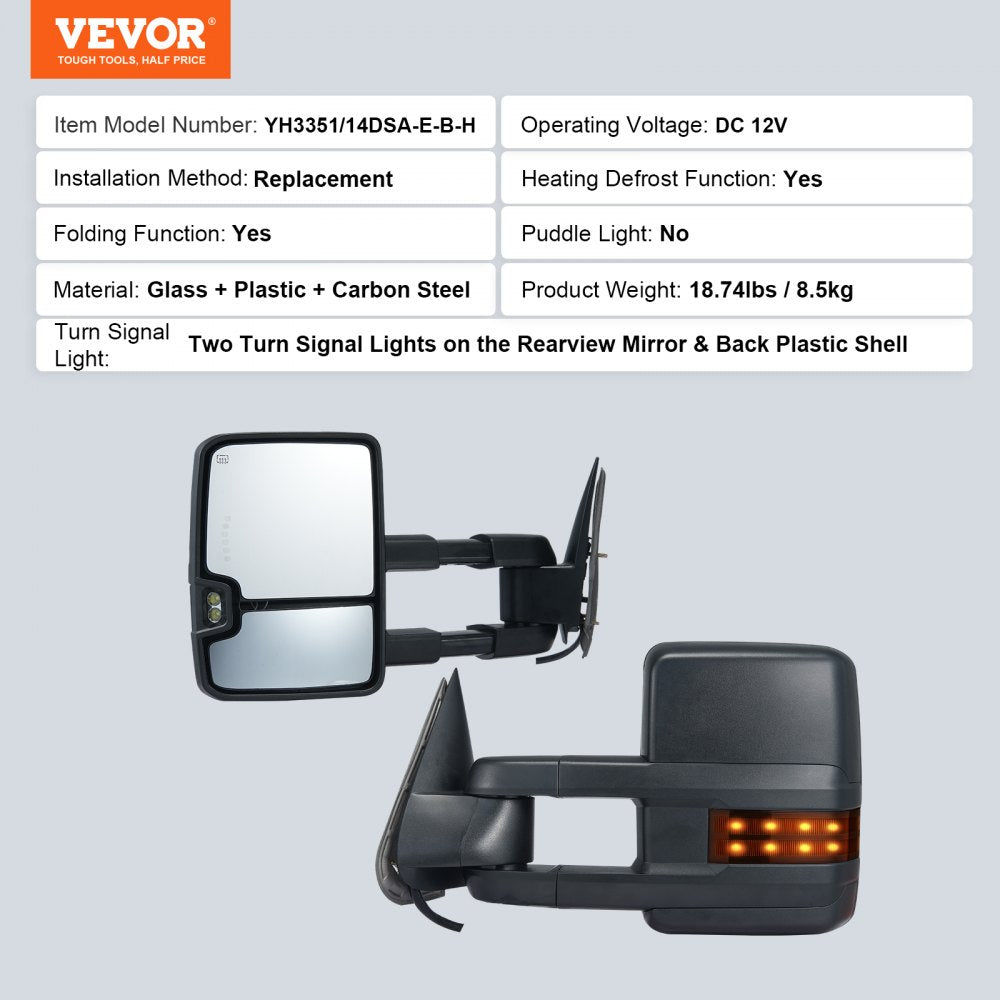 Towing Mirrors for 2014-2018 Chevy Silverado GMC Sierra 1500 2500 HD 3500 HD Power Glass with Signal Light & LED Driving Light, Manual Controlling Telescoping Folding, Heating Defrost, Black