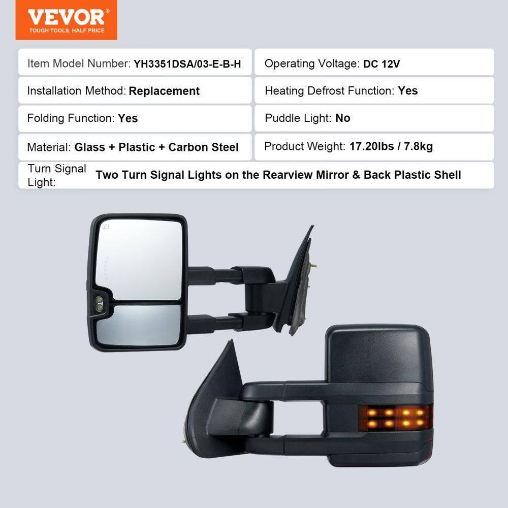 Towing Mirrors, Left & Right Pair Set for Chevrolet Silverado (2003-2007)/GMC/Cadillac, Power Heated with Signal Light & LED Driving Light, Manual Telescoping Folding, and Heating Defrost, Black
